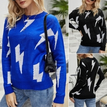 Fashion Long Sleeve Round Neck Lightning Printed Knit Top