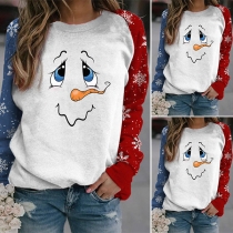 Cute Cartoon Printed Long Sleeve Round Neck Contrast Color T-shirt