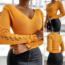 Sexy Hollow Out Lace-up Long Sleeve V-neck Solid Color Knit Top