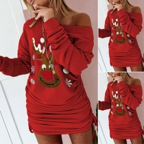 Cute Elk Printed Long Sleeve Side-drawstring Sweatshirt Dress