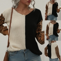 Fashion Leopard Spliced Long Sleeve V-neck Contrast Color Knit Top