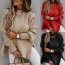 Fashion Solid Color Long Sleeve Round Neck Slit Hem Sweater