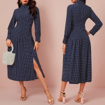 Retro Style Long Sleeve Mock Neck High Waist Dots Printed Dress