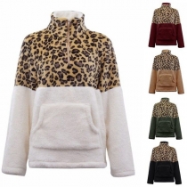 Fashion Leopard Spliced Long Sleeve Stand Collar Plush Sweatshirt