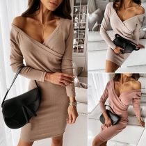 Sexy V-neck Long Sleeve Solid Color Slim Fit Dress