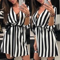 Sexy V-neck Long Sleeve Striped Dress
