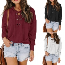 Fashion Solid Color Long Sleeve Lace-up Hooded T-shirt
