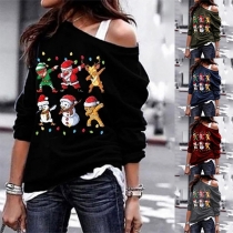 Sexy Oblique Shoulder Long Sleeve Christmas Printed T-shirt
