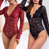 Sexy Backless Deep V-neck Long Sleeve See-through Lace Bodysuit