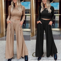 Fashion Solid Color Long Sleeve Crop Top + Pants Two-piece Set