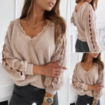 Fashion Solid Color Long Sleeve V-neck Lace Spliced Knit Top