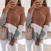 Sexy Off-shoulder Boat Neck Long Sleeve Contrast Color Tassel Sweater