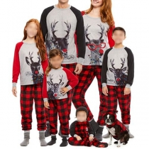 Cute Elk Printed Contrast Color Plaid Parent-child Nightwear Set