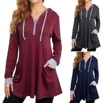 Casual Style Long Sleeve Hooded Loose T-shirt