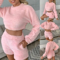 Sexy Long Sleeve Plush Crop Top + Shorts Two-piece Set