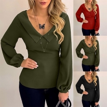 Fashion Solid Color Long Sleeve V-neck Lace-up Bow-knot Blouse