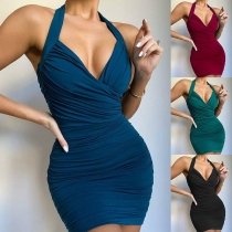 Sexy Backless V-neck Solid Color Slim Fit Halter Dress