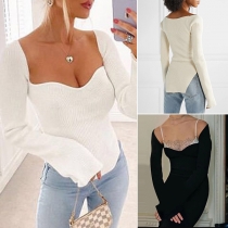 Sexy Square Collar Slit Hem Long Sleeve Solid Color Knit Top