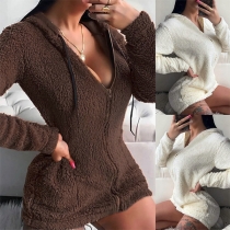 Fashion Solid Color Long Sleeve Hooded Plush Coat