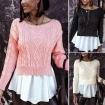 Fashion Ruffle Spliced Hem Long Sleeve Round Neck Sweater