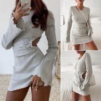 Sexy Hollow Out High Waist Long Sleeve Round Neck Dress