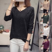 Fashion Rhinestone Spliced Dolman Sleeve Round Neck Knit Top