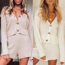 Fashion Solid Color Long Sleeve V-neck Knit Top + Shorts Two-piece Set