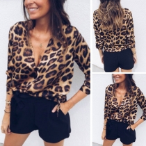 Sexy Deep V-neck Long Sleeve Leopard Printed Top