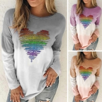 Fashion Colorful Heart Pattern Long Sleeve Round Neck T-shirt