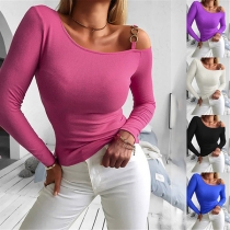Sexy Off-shoulder Long Sleeve Solid Color Slim Fit Knit Top