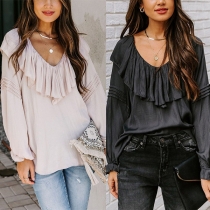 Sweet Style Long Sleeve Solid Color Ruffle Blouse