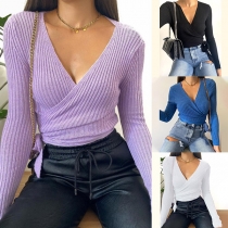 Sexy V-neck Lace-up Hem Long Sleeve Solid Color Knit Top