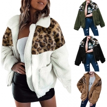 Fashion Leopard Spliced Long Sleeve Plush Coat