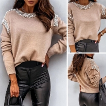 Fashion Bubble Bead Spliced Long Sleeve Round Neck Knit Top