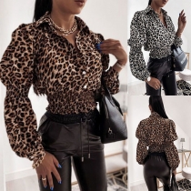 Sexy V-neck Long Sleeve Elastic Hem Leopard Printed Blouse (The size falls small)