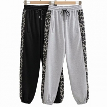 Casual Style Leopard Spliced Elastic Waist Sports Pants