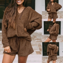 Fashion Solid Color Long Sleeve Hooded Plush Top + Shorts Two-piece Set