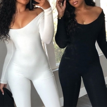 Sexy Long Sleeve Round Neck High Waist Solid Color Jumpsuit