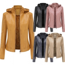 Fashion Solid Color Long Sleeve Hooded OU Leather Coat