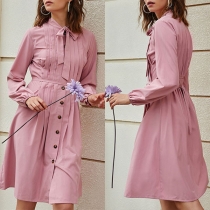 OL Style Long Sleeve Lace-up Bow-knot Collar Solid Color Shirt Dress