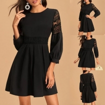 Fashion Lace Spliced 3/4 Sleeve Round Neck Solid Color Dress