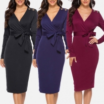 Sexy Lace Spliced Long Sleeve V-neck Solid Color Slim Fit Dress