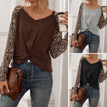 Sexy Off-shoulder V-neck Leopard Spliced Long Sleeve T-shirt