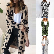 Fashion Leopard Printed Long Sleeve Loose Knit Cardigan