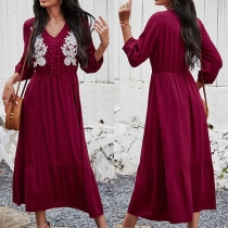 Fashion Solid Color Long Sleeve V-neck Lace Spliced Dress