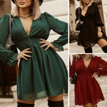 Sexy V-neck Long Sleeve High Waist Solid Color Dress