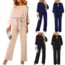 Elegant Solid Coloe 3/4 Sleeve Round Neck High Waist Solid Color Jumpsuit