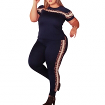 Fashion Leopard Spliced Short Sleeve Top + Pants Plus-Size Two-piece Set