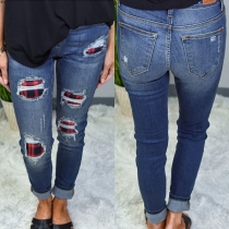 Fashion High Waist Plaid Spliced Slim Fit Ripped Jeans