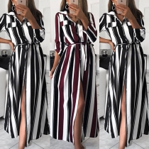 Sexy Slit Hem Long Sleeve POLO Collar Striped Shirt Dress